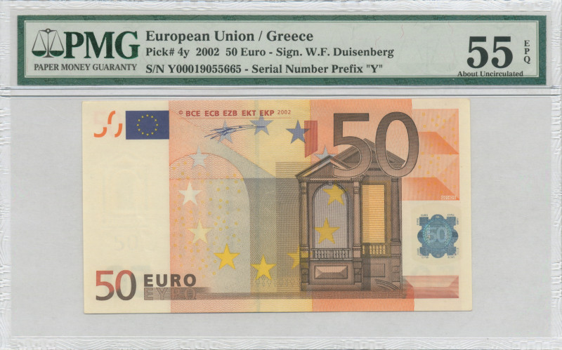 GREECE: 50 Euro (2002) in orange and multicolor with gate in renaissance archite...