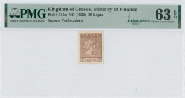 GREECE: 10 Lepta (ND 1922) postage stamp currency issue in brown with God Hermes at center. Same on back. Square perforation. Printed by Aspiotis. Ins...