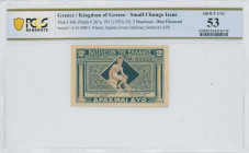 GREECE: 2 Drachmas (ND 1922) in dark blue and light blue with Hermes seated at center. S/N: "A/34 09854". Printed by Aspiotis. Inside holder by PCGS "...
