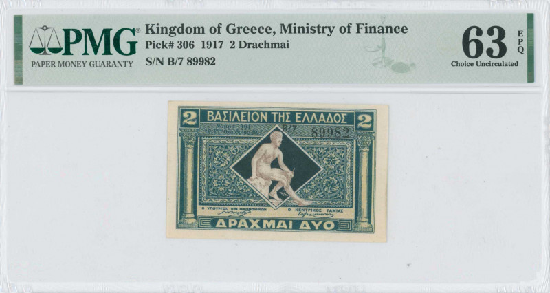 GREECE: 2 Drachmas (ND 1922) in dark blue and blue with Hermes seated at center....