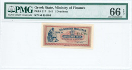 GREECE: 1 Drachma (18.6.1941) in red and blue on gray underprint with seated Aristippos from Kyrini at left. S/N: "M 484704". Printed by Aspiotis-ELKA...