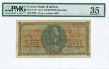 GREECE: 200 million Drachmas (29.9.1944) with black ovpt and red German stamping on back of 5000 Drachmas (Hellas #147a) with SN with prefix, provisio...
