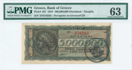 GREECE: 100 million Drachmas (19.9.1944) with red ovpt on back of 5 million Drachmas (Hellas #153) banknote, provisional treasury note issued by the B...