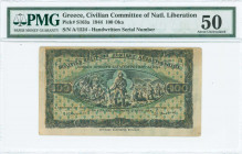 GREECE: 100 Okas (5.6.1944) in black on green and yellow unpt with partisan standing between a village on fire and harvesting scene at center. Handwri...