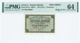 GREECE: Specimen of 1 Drachma (ND 1942) in dark green on light green unpt with value at center. S/N: "000 000000". Red ovpt "CAMPIONE". Printed in Ita...