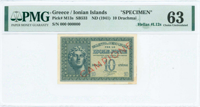 GREECE: Specimen of 10 Drachmas (ND 1942) in dark green on light green unpt with...