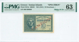 GREECE: Specimen of 10 Drachmas (ND 1942) in dark green on light green unpt with Alexander the Great at left. S/N: "000 000000". Red ovpt "CAMPIONE". ...