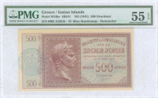 GREECE: 500 Drachmas (ND 1942) in lilac on light blue unpt with Augustus Ceasar at center left. S/N: "0003 316245". Blue cachet "ΒΑΣΙΛΕΙΟΣ ΡΑΠΟΤΙΚΑΣ Α...