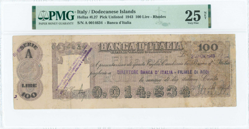 GREECE: 100 Lire (20.11.1943) (type I) in light purple. Bank check issued in Dod...