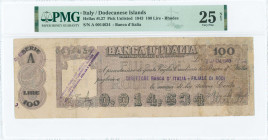 GREECE: 100 Lire (20.11.1943) (type I) in light purple. Bank check issued in Dodecanese islands by Banco d Italia due to lack of banknotes because of ...