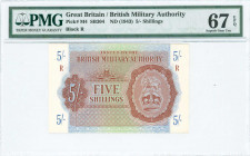 GREECE: 5 Shilings (circulated in Greece in 1944) in brown on blue and green unpt with Coat of Arms of the British army at right. Block "R" (GREECE). ...