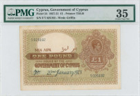 CYPRUS: 1 Pound (22.1.1943) in brown on green unpt with portrait of King George VI at upper right. S/N: "F/7 025192". Printed by TDLR. Inside holder b...