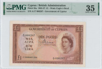 CYPRUS: 1 Pound (1.2.1956) in brown on multicolor unpt with portrait of Queen Elizabeth II at right and map at lower right. S/N: "A/17 006287". WMK: E...