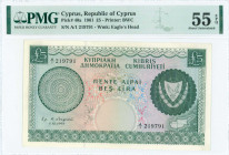 CYPRUS: 5 Pounds (1.12.1961) in dark green on multicolor unpt with arms at right and map at lower right. S/N: "A/1 219791". WMK: Eagle head. Printed b...