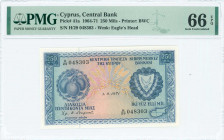 CYPRUS: 250 Mils (1.9.1971) in blue on multicolor unpt with fruits at left and arms at right. S/N: "H/29 048303". WMK: Eagle head. Printed by (BWC). I...