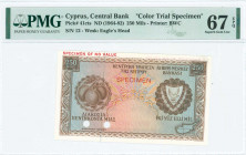 CYPRUS: Color trial specimen of 250 Mils (ND 1964-82) with fruits at left and coat of arms at right. Red horizontal ovpts "SPECIMEN OF NO VALUE" and S...