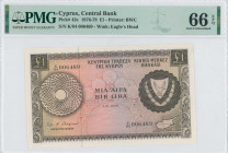 CYPRUS: 1 Pound (1.8.1976) in brown on multicolor unpt with coat of arms at right. S/N: "K/84 006469". WMK: Eagle head. Printed by (BWC). Inside holde...