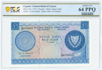 CYPRUS: 5 Pounds (1.7.1975) in blue on multicolor unpt with coat of arms at right. S/N: "Q/160 676002". WMK: Eagle head. Printed by (BWC). Inside hold...