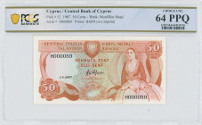 CYPRUS: Lot composed of 3x 50 Sent (1.4.1987) in brown and multicolor with woman seated at right. Low S/Ns: "H000087", "H000089" & "H000090". WMK: Mou...