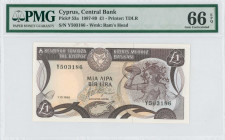 CYPRUS: 1 Pound (1.10.1988) in dark brown and multicolor with mosaic of nymph Acme at right and arms at top left center. S/N: "Y 503186". WMK: Ram hea...