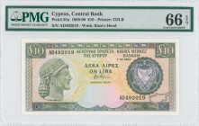 CYPRUS: 10 Pounds (1.10.1990) in dark green and blue-black on multicolor unpt with archaic bust at left. S/N: "AD 492019". WMK: Ram head. Printed by (...