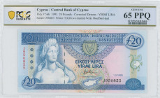 CYPRUS: 20 Pounds (1.3.1993) in deep blue on multicolor unpt with bust of Aphrodite at left. S/N: "J 950855". Variety: Corrected "YiRMi LiRA". WMK: Mo...