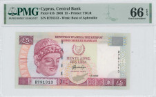 CYPRUS: 5 Pounds (1.9.2003) in purple and violet on multicolor unpt with archaic limestone head of young man at left. S/N: "R 791313". WMK: Bust of Ap...