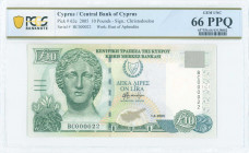 CYPRUS: 10 Pounds (1.4.2005) in olive-green and blue-green on multicolor unpt with marble head of Artemis at left and arms at upper center. Low S/N: "...