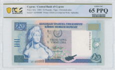 CYPRUS: 20 Pounds (1.4.2004) in deep blue on multicolor unpt with Bust of Aphrodite at left. S/N: "AD 100088". WMK: Bust of Aphrodite. Printed by (TDL...