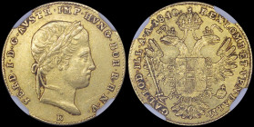 AUSTRIA: 1 Ducat (1840 E) in gold (0,986) with head of Ferdinand I facing right. Crowned imperial double-headed eagle on reverse. Inside slab by NGC "...