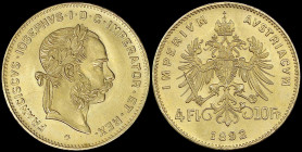 AUSTRIA: Restrike of 4 Florin (=10 Francs) (1892) in gold (0,900) with laureate head of Franz Joseph I facing right. Crowned imperial double-headed ea...