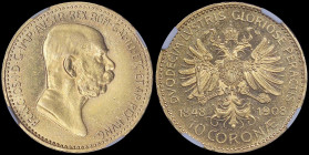 AUSTRIA: 10 Corona (1908) in gold (0,900) commemorating the 60th Anniversary of Reign with small plain head of Franz Joseph I facing right. Crowned do...