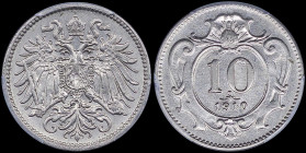 AUSTRIA: 10 Heller (1910) in nickel with crowned imperial double-headed eagle. Value above date at center of ornate shield on reverse. Inside slab by ...