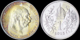 AUSTRIA: 1 Corona (1915) in silver (0,835) with head of Franz Joseph I facing right. Crown above value, date at bottom and sprays flanking on reverse....