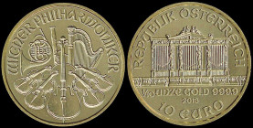 AUSTRIA: 10 Euro (2013) in gold (0,999) commemorating the Vienna Philharmonic with the Golden Hall organ. Musical instruments on reverse. Inside offic...