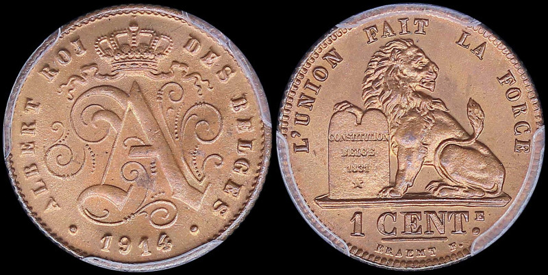 BELGIUM: 1 Centime (1914) in copper with crowned letter "A", date below and lege...