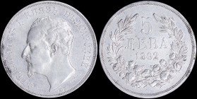 BULGARIA: 5 Leva (1892 KB) in silver (0,900) with head of Ferdinand I facing left. Denomination within wreath on reverse. (KM 15) & (Nikolov 16). Extr...