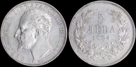 BULGARIA: 5 Leva (1894 KB) in silver (0,900) with head of Ferdinand I facing left. Denomination within wreath on reverse. Inside slab by PCGS "AU 53"....