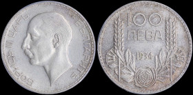 BULGARIA: 100 Leva (1934) in silver (0,500) with head of Boris III facing left. Denomination at top, date below, flower at bottom, grain sprigs flank ...