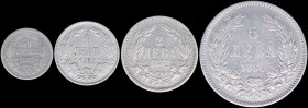 BULGARIA: Lot of 4 silver coins composed of 1 Lev (1882), 2 Leva (1882) 50 Stotinki (1883) & 5 Leva (1885). (KM 4+5+6+7) & (Nikolov 4+5+6+8). Very Goo...