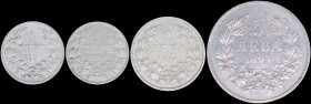 BULGARIA: Lot of 4 silver coins composed of 1 Lev (1891 KB), 1 Lev (1894 KB), 2 Leva (1894 KB) & 5 Leva (1894 KB). (KM 13+16+17+18) & (Nikolov 14+17+1...