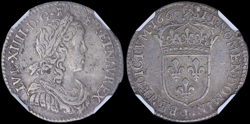 FRANCE: 1/12 Ecu (=10 Sols) (1660 I) in silver (0,917) with young bust of Louis ...