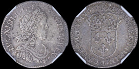 FRANCE: 1/12 Ecu (=10 Sols) (1660 I) in silver (0,917) with young bust of Louis XIV facing right. Crowned shield of France on reverse. Inside slab by ...