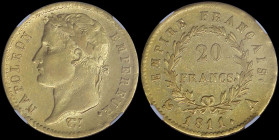 FRANCE: 20 Francs (1811 A) in gold (0,900) with laureate head of Napoleon facing left. Denomination within wreath on reverse. Inside slab by NGC "AU 5...