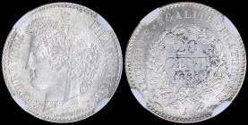 FRANCE: 20 Centimes (1850 A) in silver (0,900) with Liberty head with grain wreath facing left. Denomination within wreath on reverse. Inside slab by ...
