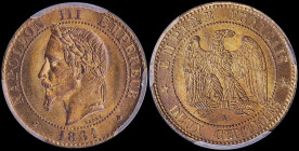 FRANCE: 2 Centimes (1861 A) in bronze with bust of Napoleon III pointing to "1" in date. Eagle on reverse. Inside slab by PCGS "MS 65 RD / Gad-104 Bus...