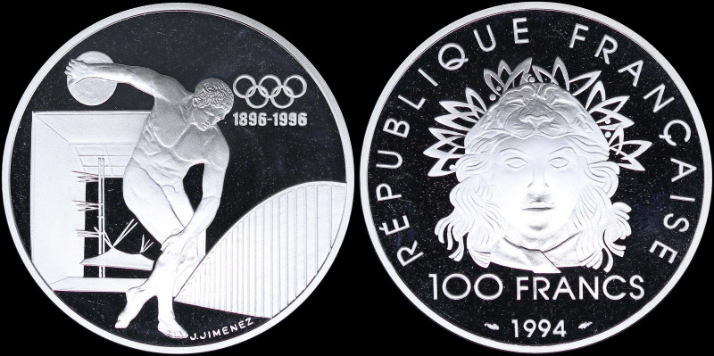 FRANCE: 100 Francs (1994) in silver (0,925) from the 1996 Olympics series with h...