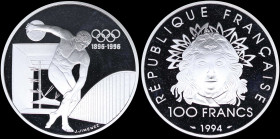 FRANCE: 100 Francs (1994) in silver (0,925) from the 1996 Olympics series with head of Marianne facing, denomination and date below. Discus thrower on...