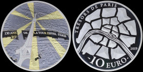 FRANCE: 10 Euro (2019) in silver (0,900) commemorating the 130th anniversary of the Eiffel Tower. Part of the "Treasures of Paris" series. Aerial view...