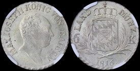 GERMAN STATES / BAVARIA: 6 Kreuzer (1816) in silver (0,333) with head of Joseph Koenig Von Bayern facing right. Crowned arms within branches on revers...